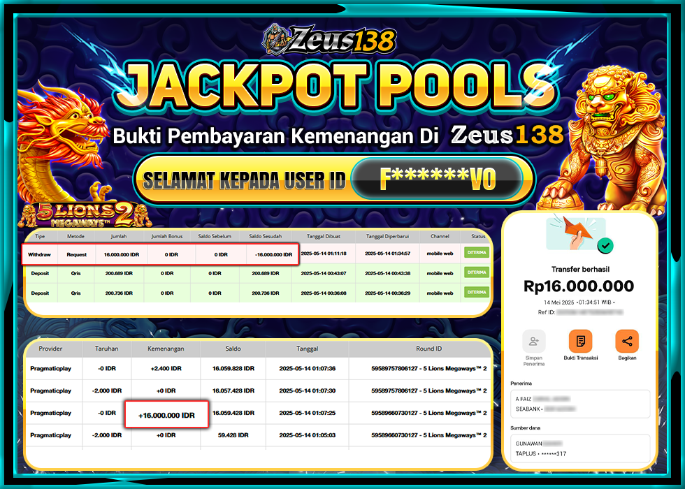 ZEUS138 5 LIONS MEGAWAYS™ 2 Rp.16.000.000,- LUNAS